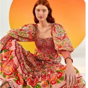 Farm Rio Pink Macaw Flight Smocked Top Midi Dress
